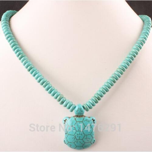 20"L Unique Green Howlite Stone Bead Turtle Pendant Necklace 1 Strand