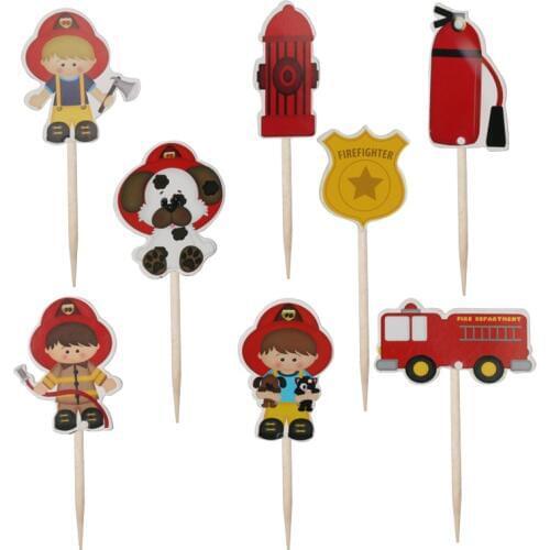 24pcs Firefighter Cupcake Toppers Fireman Fire Truck Cake Toppers Cake Picks for Baby Shower Kids Birthday Party Supplies