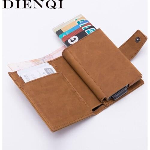 DIENQI Credit Card Holder Men Women Metal RFID Anti-magnetic Vintage Aluminium Crazy Horse PU Leather Card Wallet Coin Purses