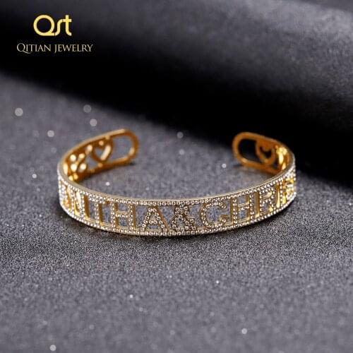 Gold Name Bangles Iced Out Personalized ID Family Lover Nameplate Faith Letter Bangles & Bracelet Stainless Steel Adjusted