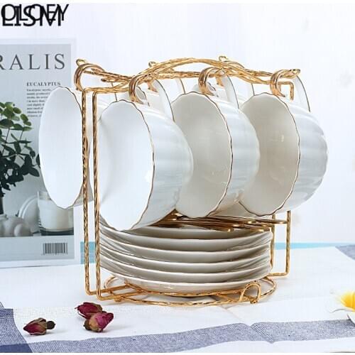 Bone China Coffee Cup and Saucer Set Luxury Coffee Mug Gold Ceramic Flower Afternoon Tea Cup Nordic Tea Cup Set Teacups Blue