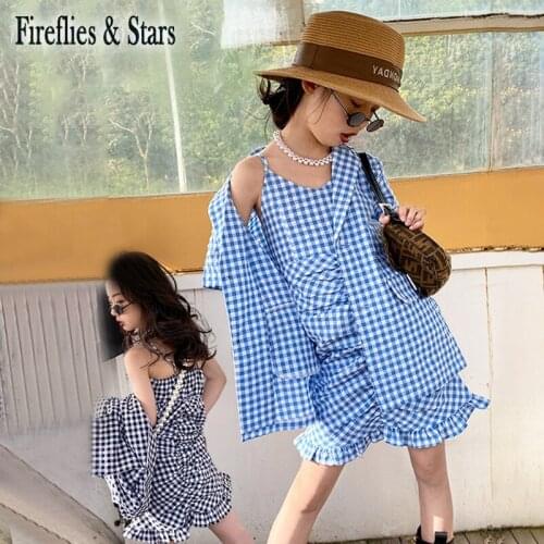Summer Girls 2 Pcs Set Baby Strap Dress + Coat Kids Suits Children Fashion Clothes Check Plaid Print Pleated Coul 2 To 6 Yrs