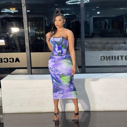 ZKYZWX Trendy Print Two Piece Vacation Outfits for Women Summer Skirt Set Strapless Corset Tops and Sexy Club Party Midi Dress