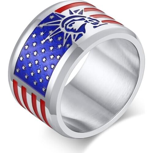 13mm Wide American Flag Enamel Ring for Men Stainless Steel Stars And Stripes Wedding Band