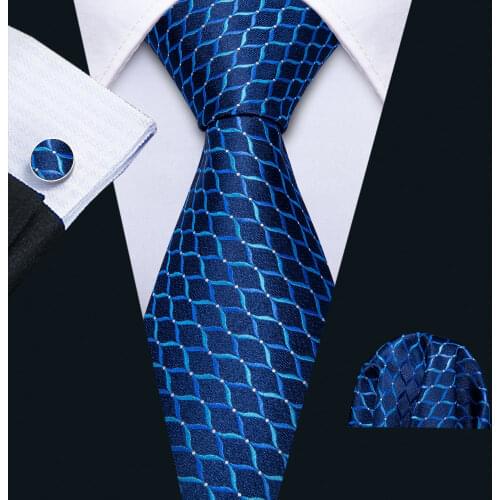 2019 Men Wedding Tie Blue Geometric Silk Tie Hanky Set Barry.Wang Jacquard Woven Fashion Designer Neck Tie For Men Party FA-5141