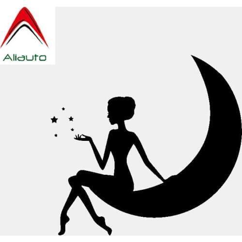Aliauto Lovely Car Sticker Vinyl Girl on The Moon and Stars Accessories PVC Decal Black/Silver for Popsoket for Phone,13cm*12cm