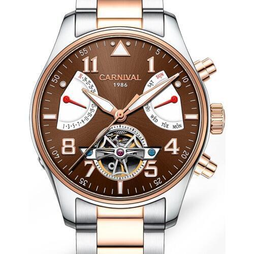 Carnival Mens Holllow-out Dial Steel Watchband Automatic Self-Wind Mechanical Wristwatch Watch With Date And Week Dial