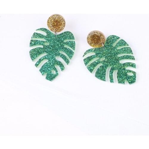 New Fashion Green Leaves Acrylic Drop Earrings Glitter Powder Coconut Leaf Acrylic Dangle Earrings Summer Holiday Jewelry