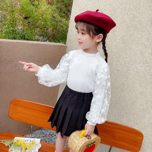 Toddler Baby Girls Clothes White Knit Pullovers Lace Puff Sleeve Bottoming shirt Coat Sweater Spring Autumn Kids Childrens Wear