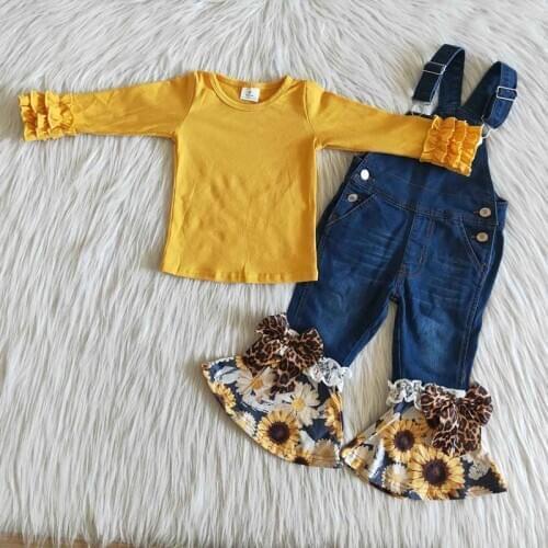 Wholesale Baby Girls Boutique Clothing Fashionable Kids Fall Yellow Top Bell Bottom Pants Suspender Overalls Children Outfit