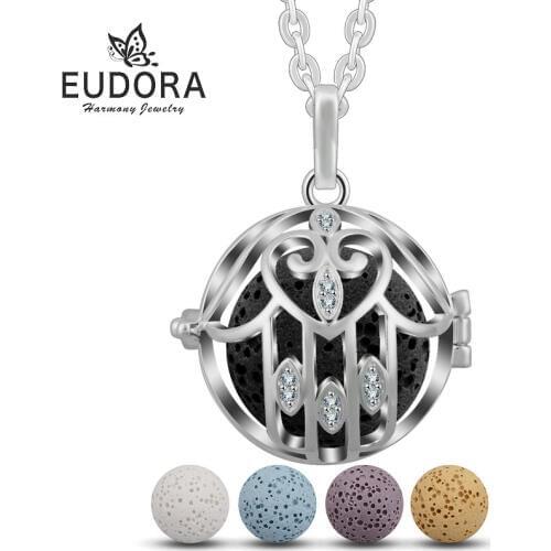 EUDORA Hand of Fatima Eye of God Locket Pendant Necklace fit 20mm Volcanic Lava Stone Ball Sweater Chain Women Talisman Necklace
