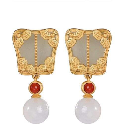 S925 sterling silver gold plated Hetian jade ear studs retro Chinese style palm-leaf fan earring pendant for ladies earrings