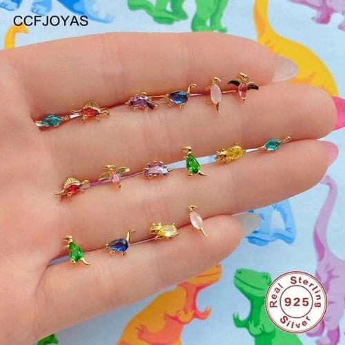 CCFJOYAS 925 Sterling Silver INS Wind Small Dinosaur Stud Earrings Colorful Zircon Mini Cute Animal Earrings Fashion Jewelry