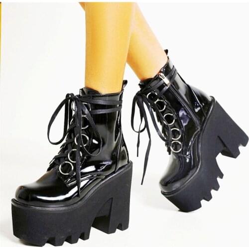 Platform Pumps Women Patent Leather Round Toe Ankle Boots High Heels Lace Up Buckle Creepers Shoes EUR35-43