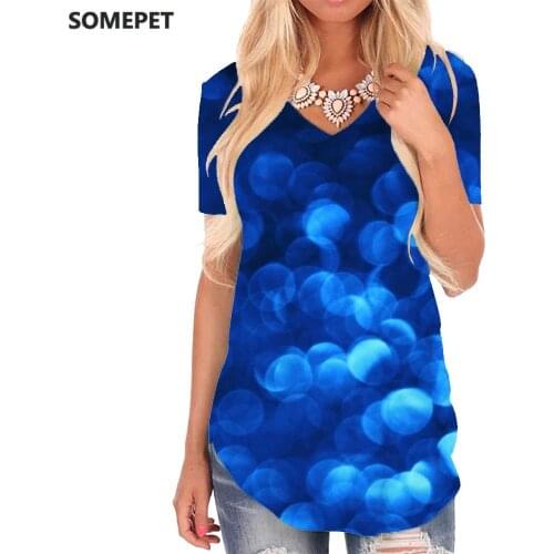 SOMEPET Psychedelic T-shirt women Dots Funny T shirts Blue V-neck Tshirt Graphics Shirt Print Womens Clothing Hip hop Loose