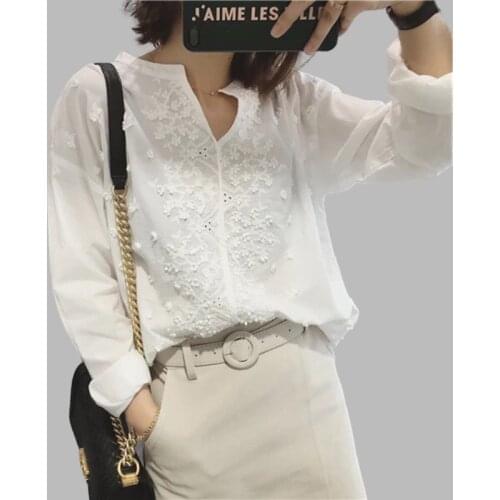 V Neck Floral Embroidery Shirt Women Long Sleeve Cotton Shirts Spring Summer