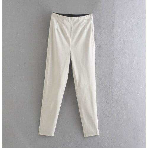 High Wasit Faux Leather Trousers Lady Black Beige Fleece Pu Zippers Skinny Stretch Pencil Pant 2021 Fashion Autumn Winter Women