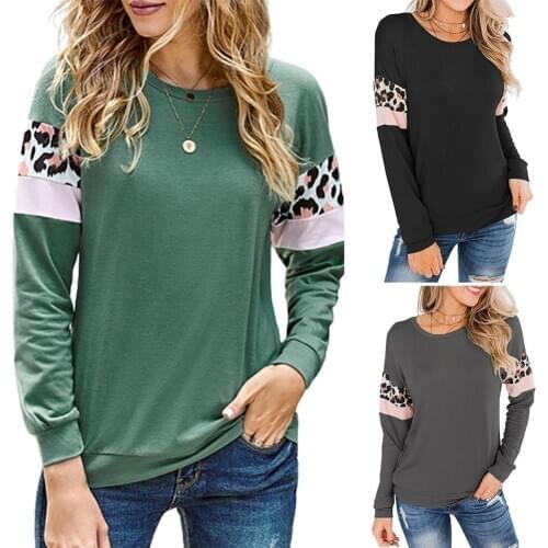 Casual Women O Neck Long Sleeve Leopard Patchwork Pullover Blouse Sweatshirt