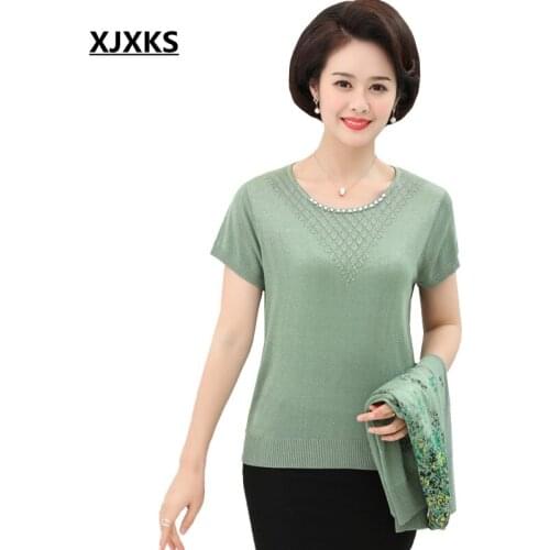 XJXKS Vintage Mother Spring New Knitting Sweater Two-piece Set Printing Cardigan And Thin Short Sleeve Women Sweater