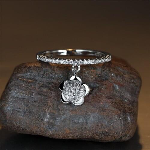 Charm Female Flower Pendant Ring Dainty Gold Silver Color Wedding Ring Luxury Crystal White Zircon Rings For Women Bride Jewelry