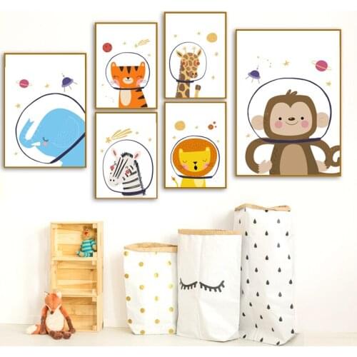 Jungle Animals Giraffe Art Prints Space Theme Nursery Wall Art Canvas Painting Moon Spaceship Cartoon Poster Kids Bedroom Decor