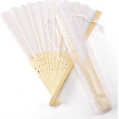 10x fan in white silk fabric + bamboo with gift bag in muslin for wedding personalized dancing writing painting