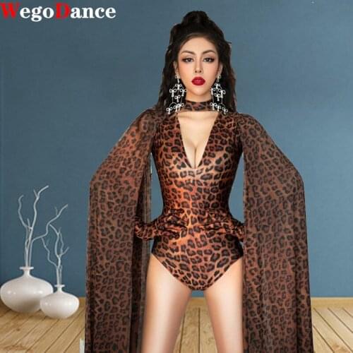 Leopard Pattern Bodysuit Gloves Top Fashion Sexy V Neck Birthday Party Bodycon Outfit Women Singer Show Performance Costume