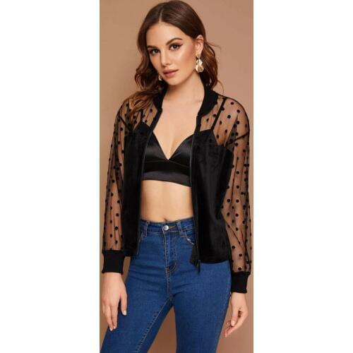 Neatie kiddie Sexy Dot Mesh Zipper Women Jacket Coat Spring Autumn Velvet Slim Casual Basic Jacket