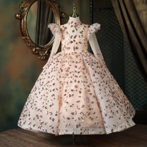 Flower Girl Dresses Illusion Sequined Beading High Full Princess Floor-Length Tulle Lace Luxury Pink Cute Kids Party Gown H616