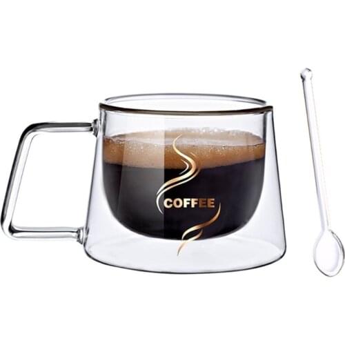 Double Wall Insulated Glasses Coffee Mugs with Square Handle Durable Unique Coffee Glass Cups Glassware for Espresso Coffee Tea