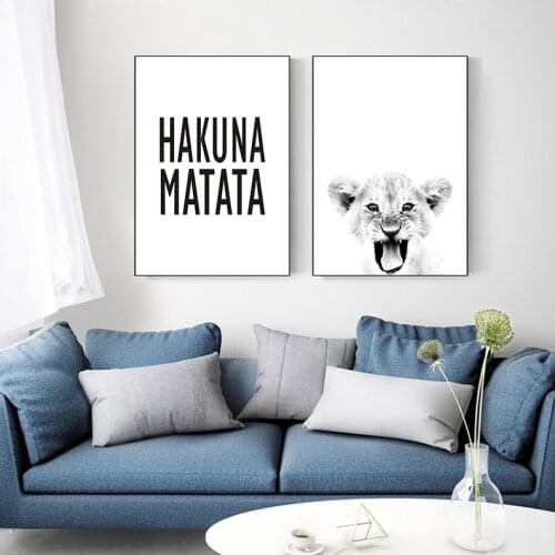 Hakuna Matata Scandinavian Canvas Painting Lion Wildlife Animal Black White Poster Art Picture Cuadros for Kids Home Decor