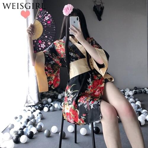 Japanese Kimono Sexy Cosplay Outfit Women Traditional Style Robe Yukata Costumes Pajamas Soft Silk Belt 3pcs Sexy Lingerie Set