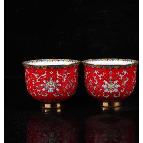 Chinese Qianlong Old Antique Porcelain Colour Enamel Red Famille Flower Tea Cup A Pair