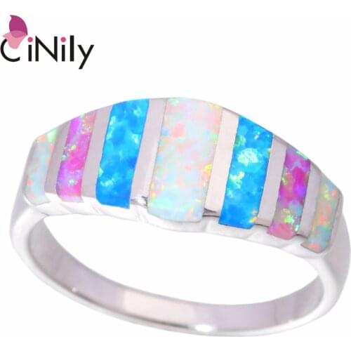 CiNily Authentic .925 Sterling Silver Created White Blue Pink Fire Opal Wholesale for Women Jewelry Wedding Ring Size 7 8 SR007