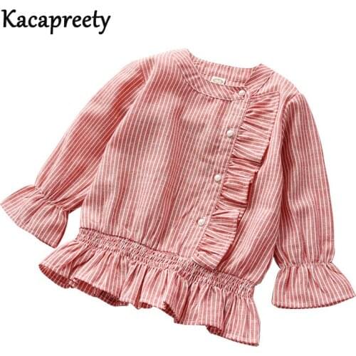 Ruffles lace girls blouse Spring autumn cotton long sleeve stripe shirt for kids tops children outwear 2-8Yrs