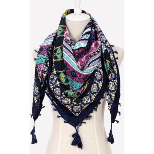 Large Size Cotton Russian Square Scarf For Women National Floral Print Head Hijab Scarves Ladies Tassel Winter Scarf Blanket