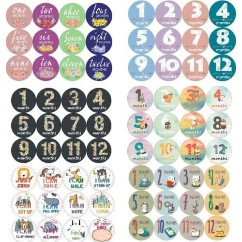 12 Pcs Baby Pregnant Monthly Stickers Cute Cat Pattern Memory Recording Milestone Sticker Newborn Growth Photo Photography Props