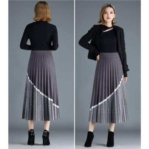 2021 New Knitted Womens Skirt Thickened Retro A-line Skirt In Autumn Winter Long Pleated Skirt National Style Gray