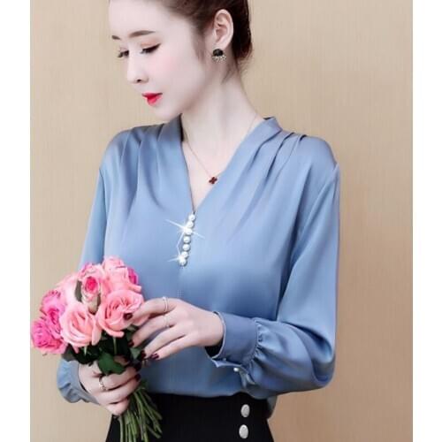 New Arrival Women Spring Summer Style Blouses Shirts lady Casual Long Sleeve V-Neck Beading Decor Busas Tops ZZ0275