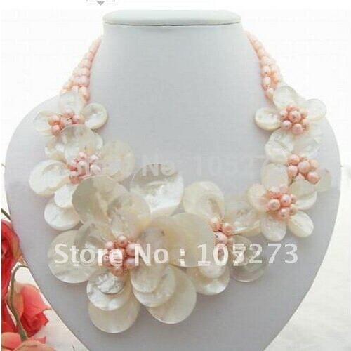 Charming ! Pink Color Freshwater Pearl & White Sea Shell Flower Necklace AA 5-8MM 19'Inchs Fashion Jewelry Free Shipping FN1980