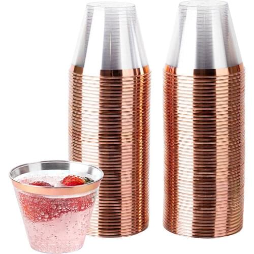 9oz Disposable Plastic Cup Transparent Rose Gold Rim Aviation Cup for Tea Juice Cocktail Ice Cream Dessert Mousse