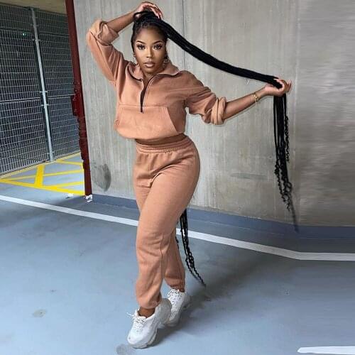 Solid Casual Two Piece Set Women Hipster Zipper Up Town Collar Long Sleeve Pullover and Simple Jogger Sweatpant Active Wear