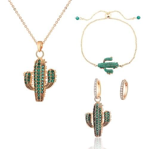 1 Sets Fashion Cactus Jewelry Gold Color Pendant Necklace CZ Zircon Hoop Earrings Cute Charms Bracelet For Women mujer 2020 New