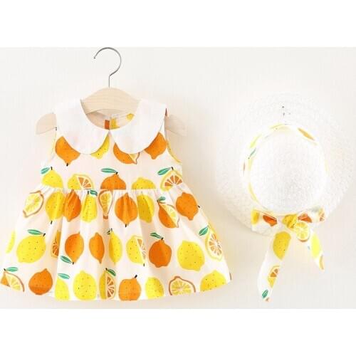 New Summer Baby Girls Dresses Children Clothing Sleeveless Lemon Princess Dress with Hat First Birthday Girl Party Clothes A284