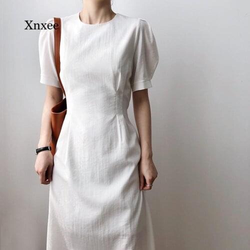 Puff Sleeve Midi Dress Elegant Temperament Women Bodycon Solid Color Slim Waist A Line Dresses Korean Vintage Vestidos Mujer