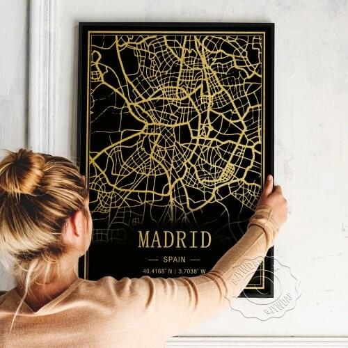 Madrid Vintage Black Golden Image Line Art Prints, Spain Madrid Map Poster, Nordic Style Geography Location Education Wall Decor