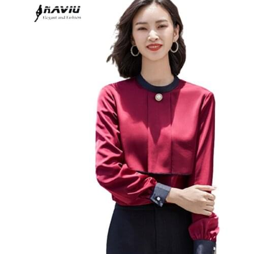 Temperament Satin Shirt Women Spring New Fashion Wine Red Long Sleeve Casual Blouses Office Ladies Formal Work Tops