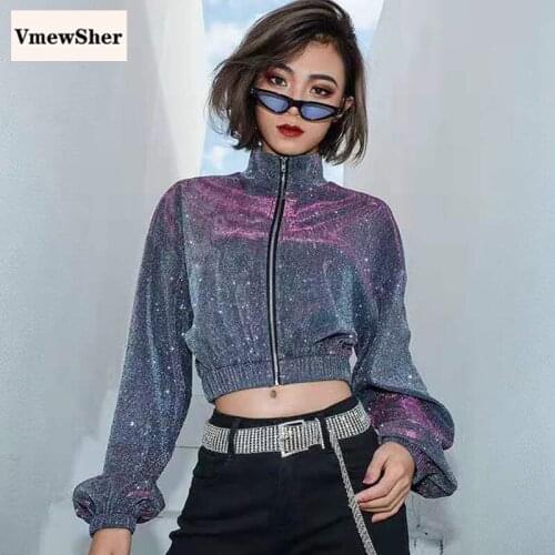 VmewSher New Spring Laser Short Jacket Coat Women High Waist Zipper Club Party Shiny Dance Cool Female Crop Tops 2021 Autumn