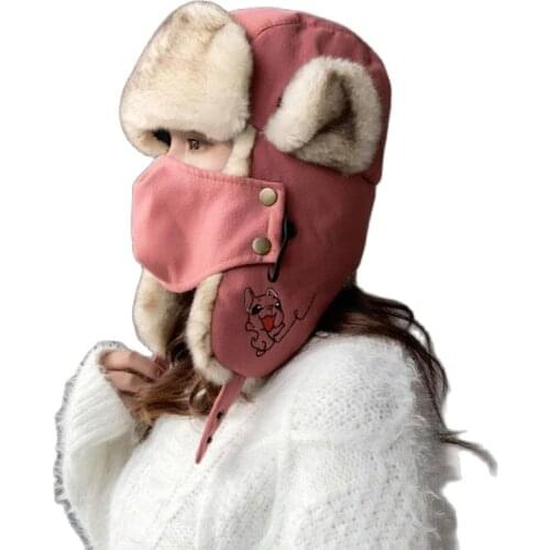 Doitbest -40℃ women hat Winter fur bomber hats Windproof Thick warm women‘s Outdoor skiing cute dog cat Face Mask Earflap hat