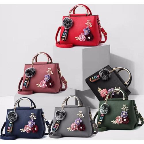 High Quality Fashion Leather Handbag Flowers Crossbody Shoulder Bag Designer Women Bag For Women Femme Rivets Fur Ball Pendant